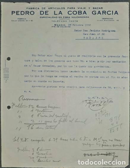 Lettres commerciales: Carta comercial. Pedro de la Coba Garc&iacute;a. F&aacute;brica art&iacute;culos para viaje y bazar. Madrid 1932