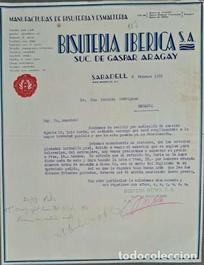Lettres commerciales: Carta comercial. Bisuter&iacute;a Ib&eacute;rica S.A. Gaspar. Manufacturas de bisuter&iacute;a. Sabadell. Espa&ntilde;a 1931