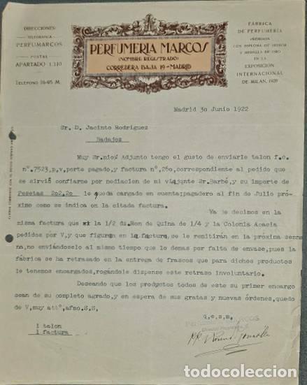 Lettres commerciales: Carta comercial. Perfumer&iacute;as Marcos. Madrid. Espa&ntilde;a 1922