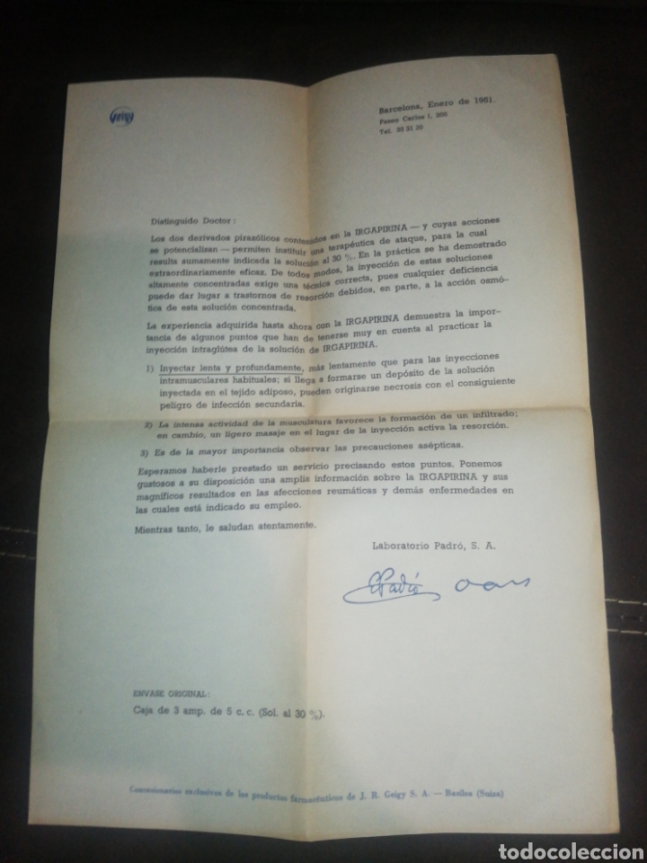 Cartas comerciais: A&Ntilde;O 1951,CARTA COMERCIAL LABORATORIO FARMAC&Eacute;UTICO PADRO DIRIGIDA A DOCTORES.