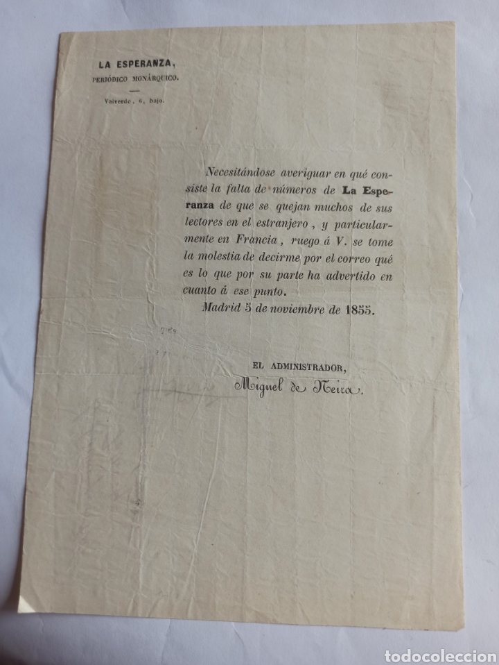 Cartas comerciais: La Esperanza, Peri&oacute;dico Mon&aacute;rquico. Madrid 1855.