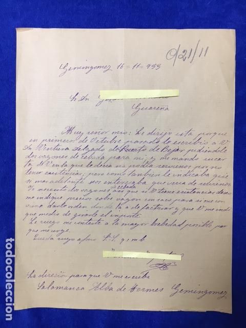 Lettres commerciales: Carta enviada desde Alba de Tormes ( Salamanca ) a Guare&ntilde;a ( Badajoz )sobre pedido cebada . 1933