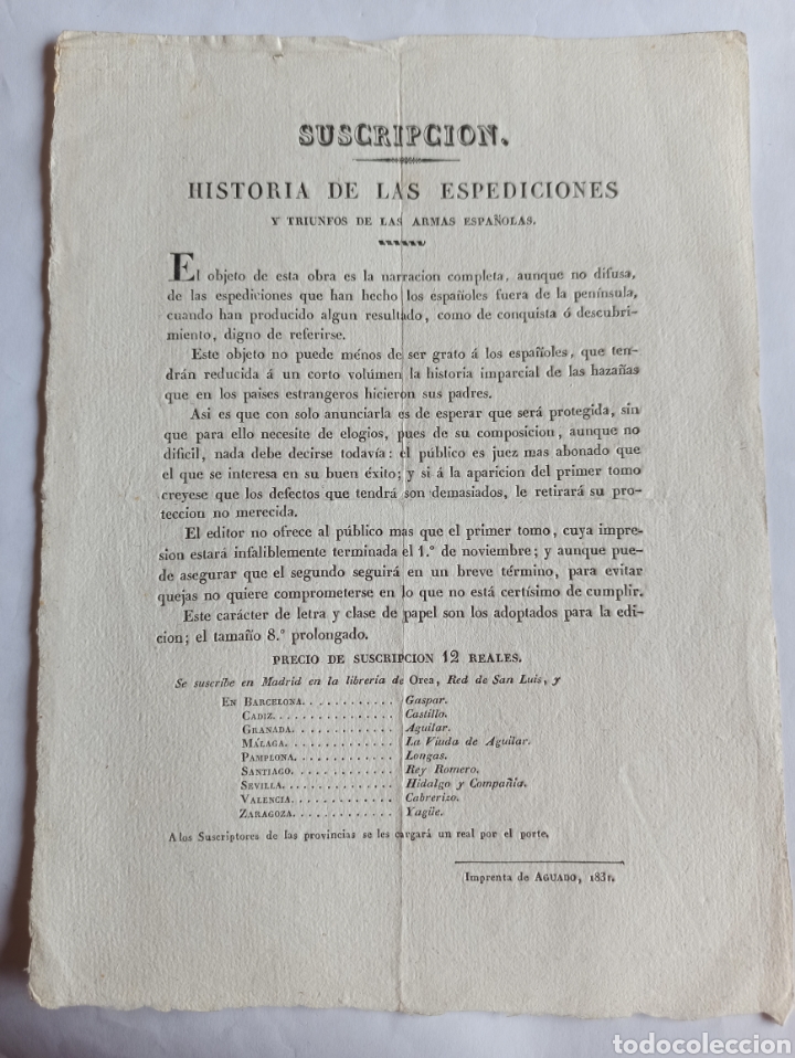 Commercial Letters: Suscripci&oacute;n Historia de las Espediciones. Imprenta de Aguado, Madrid 1831.