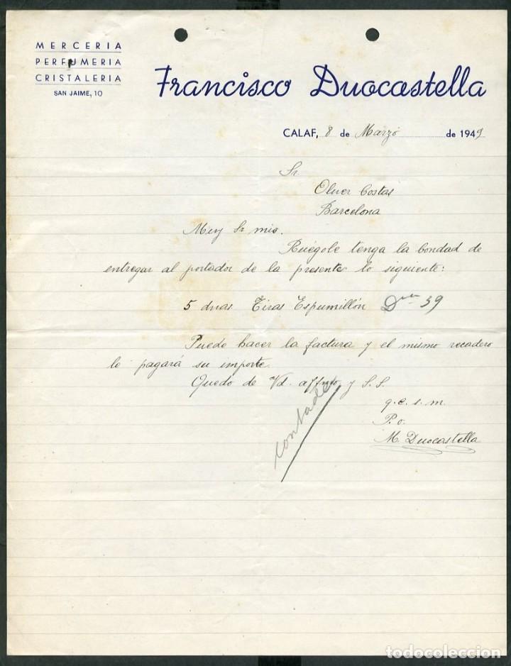 Commercial Letters: Calaf. *Francisco Duocastella - Mercer&iacute;a. Perfumer&iacute;a. Cristaler&iacute;a* A&ntilde;o 1949.