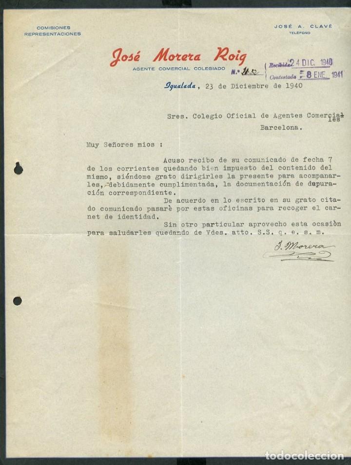 Cartas comerciales: Igualada. *Jos&eacute; Morera Roig - Agente Comercial Colegiado* A&ntilde;o 1940.