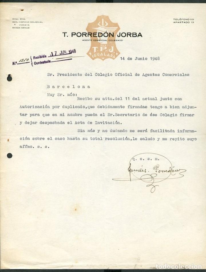 Cartas comerciales: Igualada. *T. Porred&oacute;n Jorba - Agente Comercial Colegiado* A&ntilde;o 1948.