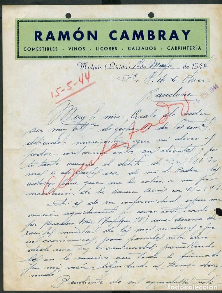Commercial Letters: Malp&agrave;s. *Ram&oacute;n Cambray - Comestibles. Vinos. Licores...* A&ntilde;o 1944.