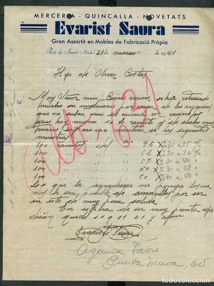 Cartas comerciales: Pont de Suert. *Evarist Saura - Mercer&iacute;a. Quincalla. Novetats* A&ntilde;o 1941.