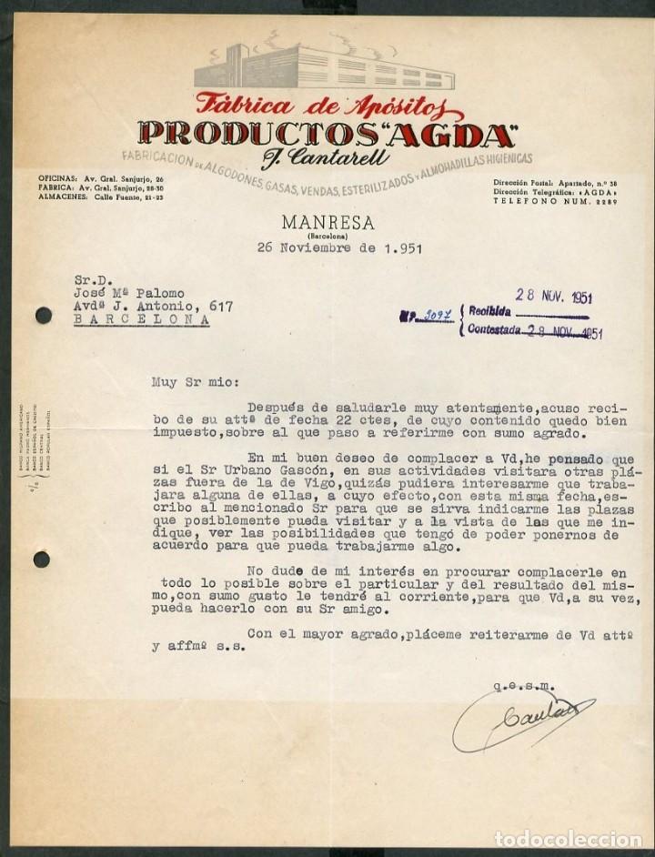 Gesch&auml;ftsbriefe: Manresa. *J. Cantarell - Productos Agda. F&aacute;brica de Ap&oacute;sitos...* A&ntilde;o 1951.