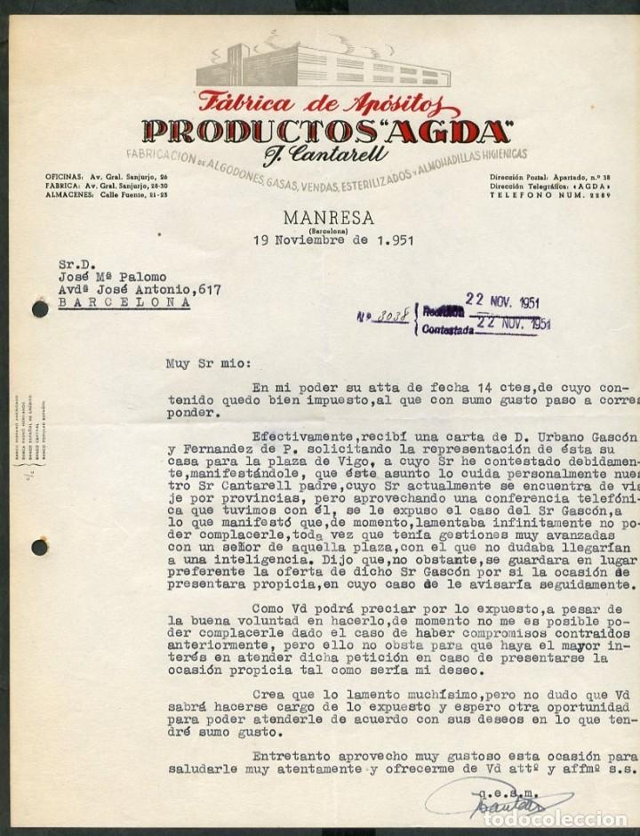 Commercial Letters: Manresa. *J. Cantarell - Productos Agda. F&aacute;brica de Ap&oacute;sitos...* A&ntilde;o 1951.