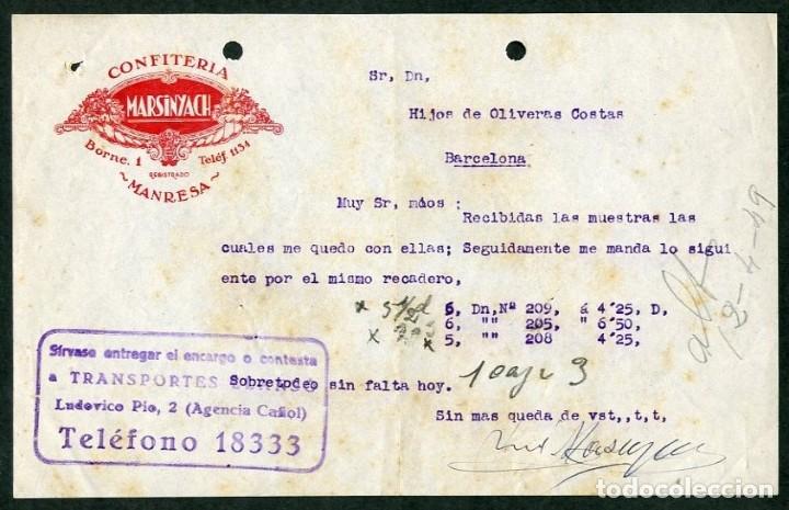 Commercial Letters: Manresa. *Confiter&iacute;a Marsinyach* A&ntilde;o 1949. Tamp&oacute;n recadero.
