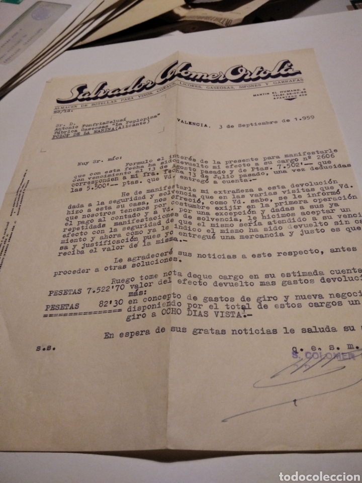 Commercial Letters: Salvador Colomer Ortola, almac&eacute;n de botellas Valencia 1959