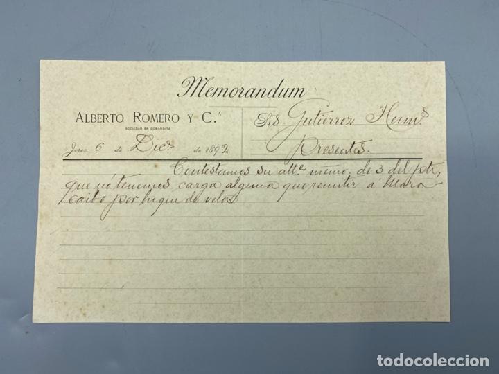 Commercial Letters: MEMORANDUM. DE ALBERTO ROMERO Y CIA. JEREZ, 1892. DIRIGIDO A GUTIERREZ HERMANOS.