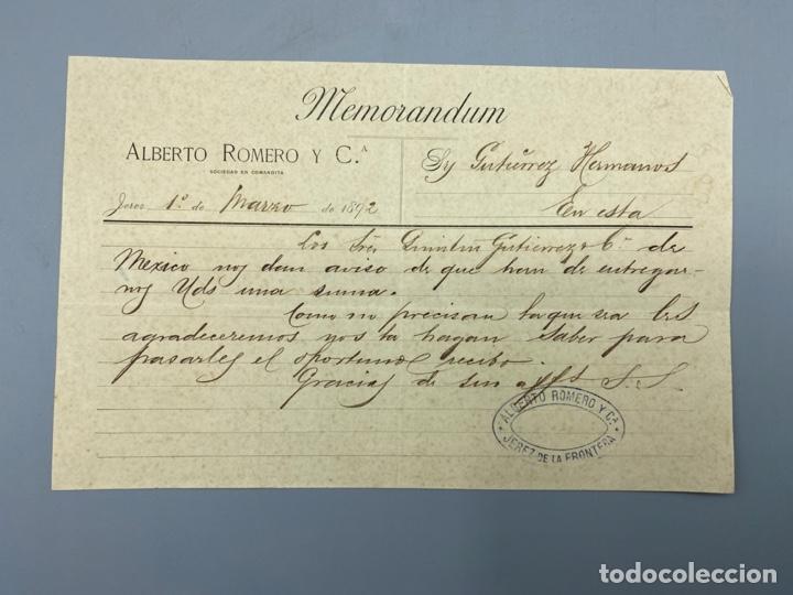 Commercial Letters: MEMORANDUM. DE ALBERTO ROMERO Y CIA. JEREZ, 1892. DIRIGIDO A GUTIERREZ HERMANOS.JEREZ. VER