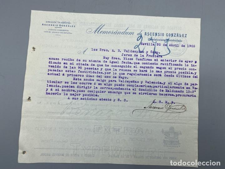 Commercial Letters: MEMORANDUM. DE ASCENSIO GONZALEZ SEVILLA, 1905. DIRIGIDO A A.R. VALDESPINO Y CIA. JEREZ. VER