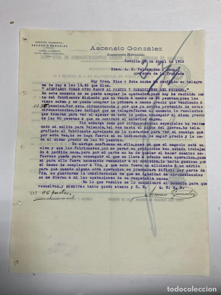 Commercial Letters: CARTA COMERCIAL. DE ASCENSIO GONZALEZ. SEVILLA,1905. DIRIGIDA A A.R. VALDESPINO Y CIA. JEREZ. VER