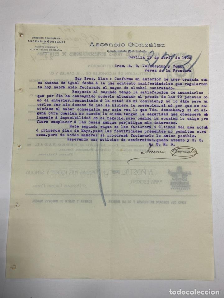 Commercial Letters: CARTA COMERCIAL. DE ASCENSIO GONZALEZ. SEVILLA,1905. DIRIGIDA A A.R. VALDESPINO Y CIA. JEREZ. VER