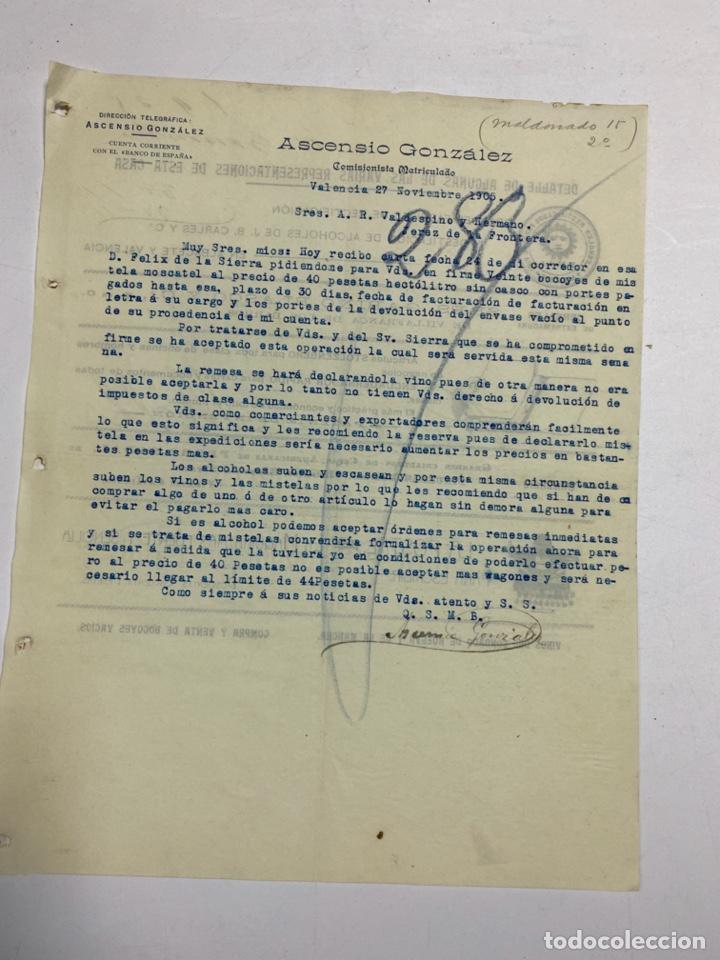 Commercial Letters: CARTA COMERCIAL. ASCENSIO GONZALEZ. VALENCIA, 1905. PARA A.R. VALDESPINO Y HERMANO. JEREZ. VER