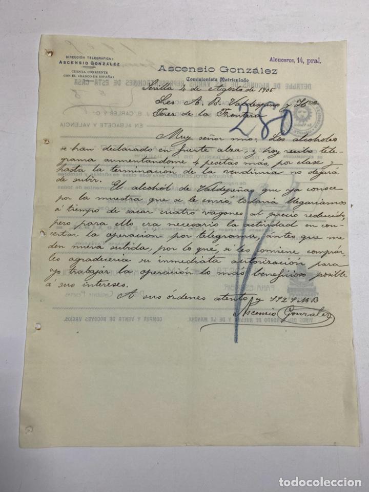 Commercial Letters: CARTA COMERCIAL. ASCENSIO GONZALEZ. SEVILLA, 1905. PARA A.R. VALDESPINO Y HERMANO. JEREZ. VER