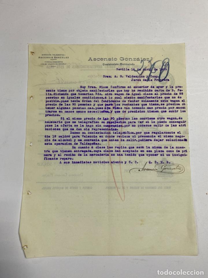 Commercial Letters: CARTA COMERCIAL. ASCENSIO GONZALEZ. SEVILLA, 1905. PARA A.R. VALDESPINO Y HERMANO. JEREZ. VER