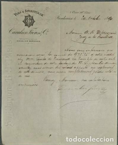 Commercial Letters: Crta comercial. Cavalier Fr&eacute;res & C&ordm;. Vins & Spiritueux. Bordeaux. Francia 1890