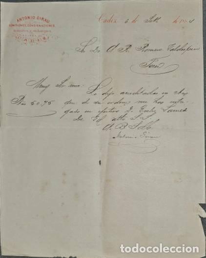 Commercial Letters: Carta comercial. Antonio Girau. Comisiones y Consignaciones. C&aacute;diz. Espa&ntilde;a 1884