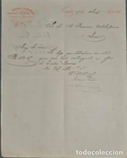 Commercial Letters: Carta comercial. Antonio Girau. Comisiones y Consignaciones. C&aacute;diz. Espa&ntilde;a 1884