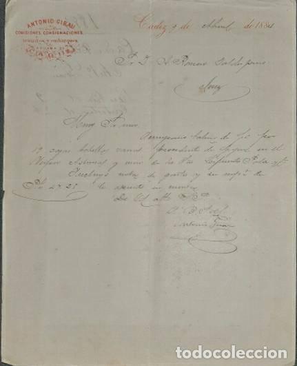 Commercial Letters: Carta comercial. Antonio Girau. Comisiones y Consignaciones. C&aacute;diz. Espa&ntilde;a 1884