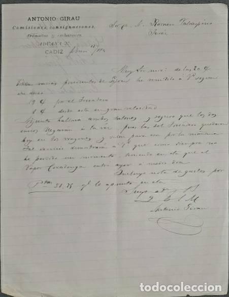 Commercial Letters: Carta comercial. Antonio Girau. Comisiones y Consignaciones. C&aacute;diz. Espa&ntilde;a 1884