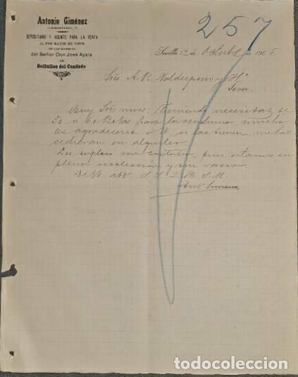 Commercial Letters: Carta comercial. Antonio Gim&eacute;nez. Depositario y Agente para la venta de vinos. Sevilla. Espa&ntilde;a 1905