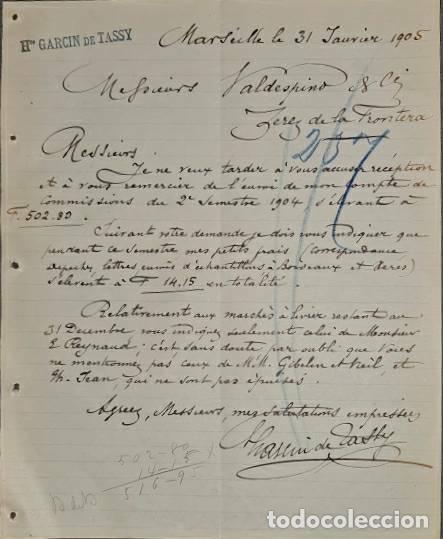 Commercial Letters: Carta comercial. H. Garcin de Tassy. Marseille. Francia 1905