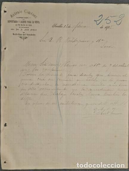 Lettere commerciali: Carta comercial. Antonio Gim&eacute;nez. Depositario y Agente para la venta de vinos. Sevilla. Espa&ntilde;a 1905