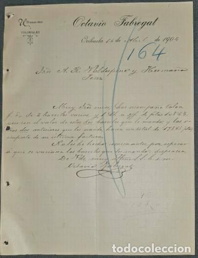 Cartas comerciais: Carta comercial. Octavio Fabregat. Ultramarinos y Coloniales. Orihuela. Espa&ntilde;a 1905