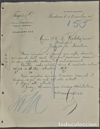 Gesch&auml;ftsbriefe: Carta comercial. Faget & C&ordm;. Bordeaux. Francia 1905