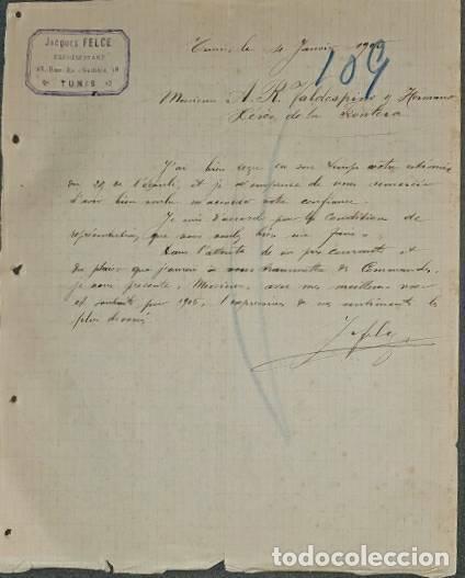 Cartas comerciales: Carta comercial. Jacques Felce. Representant. Tunis. T&uacute;nez 1905