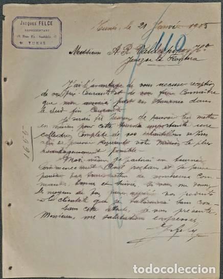 Cartas comerciales: Carta comercial. Jacques Felce. Representant. Tunis. T&uacute;nez 1905