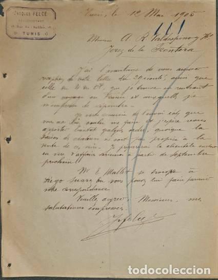 Cartas comerciales: Carta comercial. Jacques Felce. Representant. Tunis. T&uacute;nez 1905