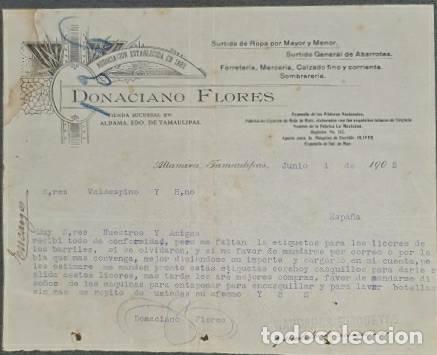 Cartas comerciales: Carta comercial. Donaciano Flores. Surtido de ropa y abarrotes. Tamaulipas. M&eacute;xico 1905
