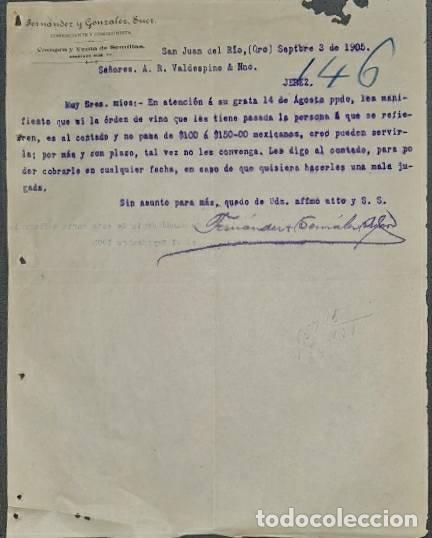 Cartas comerciales: Carta comercial. Fern&aacute;ndez y Gonz&aacute;lez Sucr. Comerciantes-Comisionistas. Quer&eacute;taro. M&eacute;xico 1905