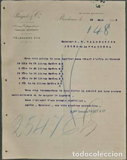 Cartas comerciales: Carta comercial. Faget & C&ordm;. Bordeaux. Francia 1905