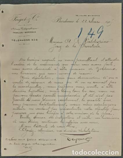 Cartas comerciales: Carta comercial. Faget & C&ordm;. Bordeaux. Francia 1905