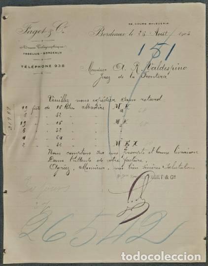 Cartas comerciales: Carta comercial. Faget & C&ordm;. Bordeaux. Francia 1905