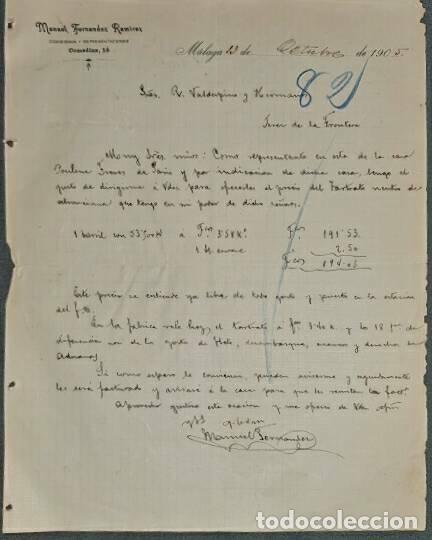 Lettere commerciali: Carta comercial. Manuel Fern&aacute;ndez Ramirez. Comisiones y Representaciones. M&aacute;laga. Espa&ntilde;a 1905