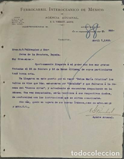 Lettere commerciali: Carta comercial. Ferrocarril Interoce&aacute;nico de M&eacute;xico. Agencia Aduanal. Veracruz. M&eacute;xico 1905