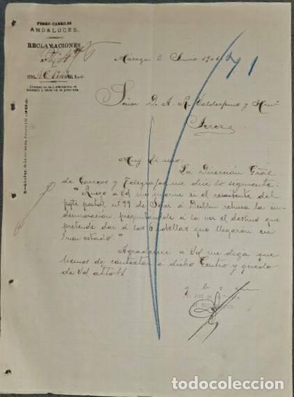 Lettere commerciali: Carta comercial. Ferrocarriles Andaluces. Reclamaciones. M&aacute;laga. Espa&ntilde;a 1905