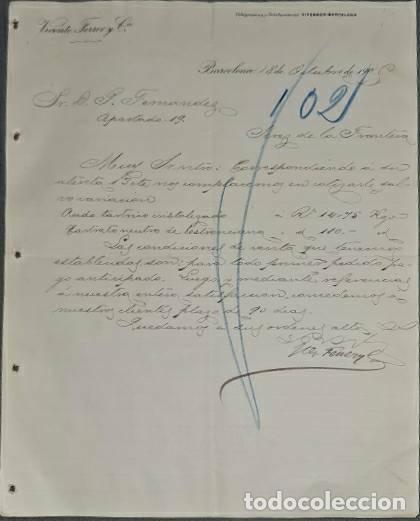 Lettere commerciali: Carta comercial. Vicente Ferrer y C&ordm;. Barcelona. Espa&ntilde;a 1905