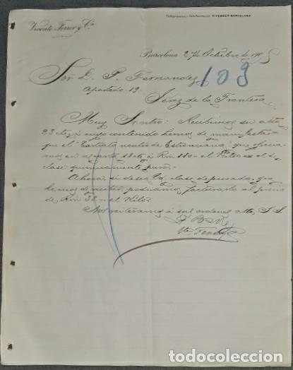 Lettere commerciali: Carta comercial. Vicente Ferrer y C&ordm;. Barcelona. Espa&ntilde;a 1905