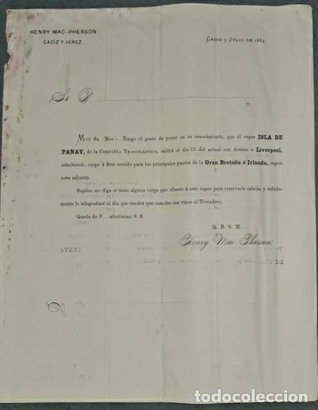 Lettres commerciales: Carta comercial. Henry Mac Pherson. C&iacute;a. de Seguros Mar&iacute;timos,Fluviales y Terrestres. C&aacute;diz 1884