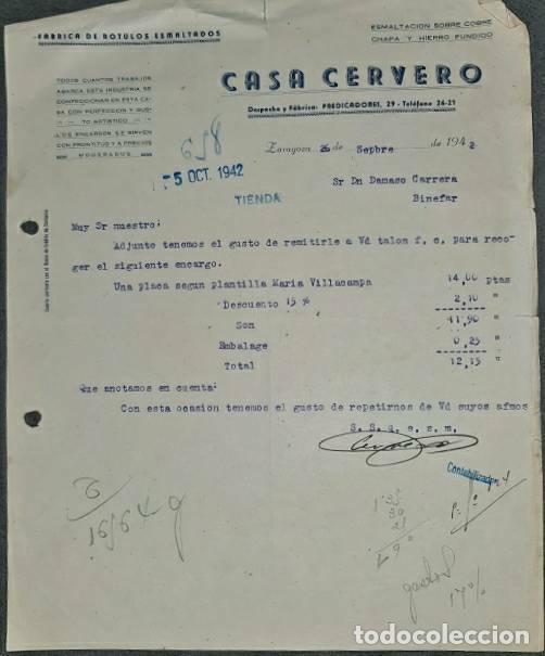 Lettres commerciales: Carta comercial. Casa Cervero. F&aacute;brica de r&oacute;tulos esmaltados. Zaragoza. Espa&ntilde;a 1942