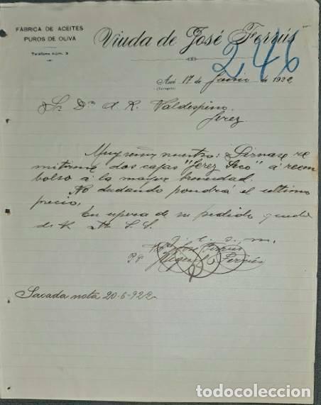 Lettres commerciales: Carta comercial. Viuda de Jos&eacute; Ferr&uacute;s. F&aacute;brica de aceites puros de Oliva. Tarragona. Espa&ntilde;a 1922